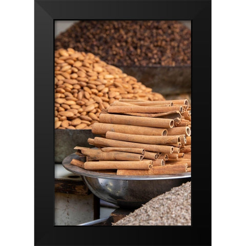 India-Delhi-Old Delhi Old Delhi street market Mixed nuts-spices and cinnamon sticks Black Modern Wood Framed Art Print by Hopkins, Cindy Miller