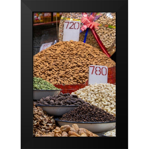 India-Delhi-Old Delhi Old Delhi street market Assorted nuts-spices and snacks Black Modern Wood Framed Art Print by Hopkins, Cindy Miller