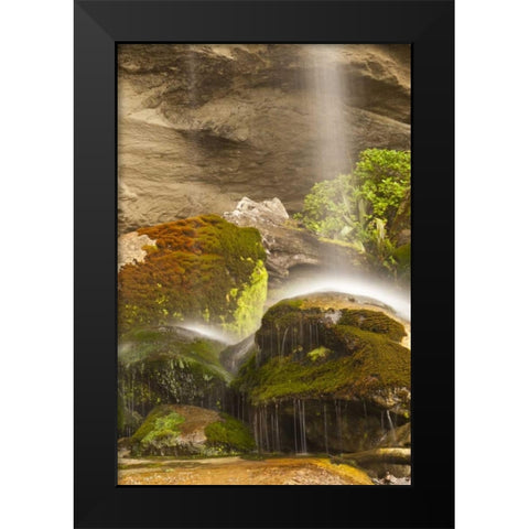 New Zealand, Paparoa NP Waterfall striking rocks Black Modern Wood Framed Art Print by Illg, Cathy and Gordon
