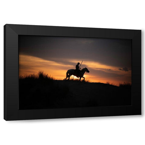 Europe-France-Provence-Camargue horse with rider at sunrise Black Modern Wood Framed Art Print by Jaynes Gallery