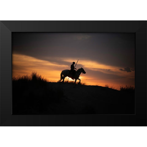 Europe-France-Provence-Camargue horse with rider at sunrise Black Modern Wood Framed Art Print by Jaynes Gallery