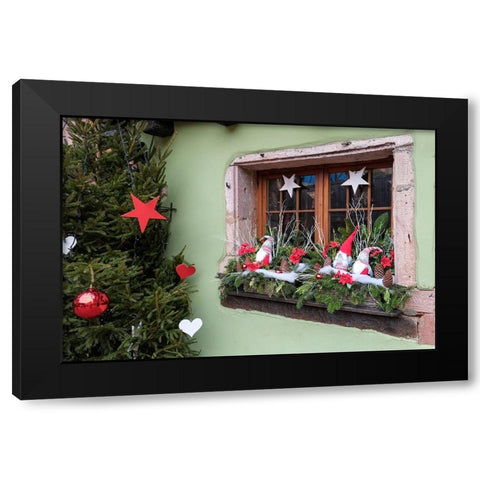 Riquewihr-France Village established 1400s in Alsace Region Window decorated Christmas ornaments Black Modern Wood Framed Art Print by McRoberts, Julien