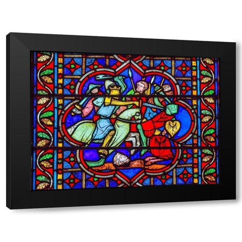 Knights Fighting Swords Horses Battle War stained glass-Notre Dame Cathedral-Paris-France Black Modern Wood Framed Art Print by Perry, William