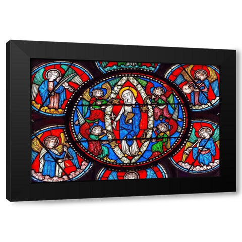 Virgin Mary-Angels stained glass-Notre Dame Cathedral-Paris-France Black Modern Wood Framed Art Print by Perry, William
