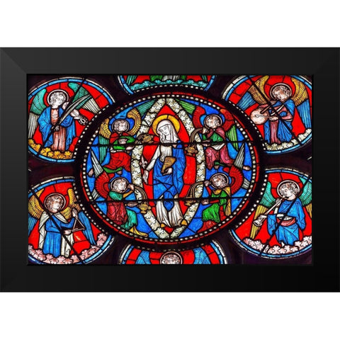 Virgin Mary-Angels stained glass-Notre Dame Cathedral-Paris-France Black Modern Wood Framed Art Print by Perry, William