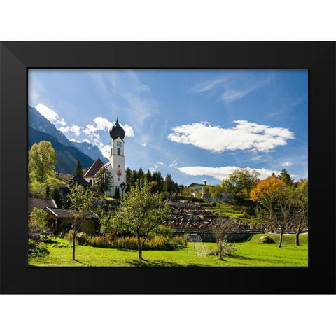 Church St-Johannes der Taufer-John the Baptist-Mount Zugspitze in the background-Village Grainau ne Black Modern Wood Framed Art Print by Zwick, Martin