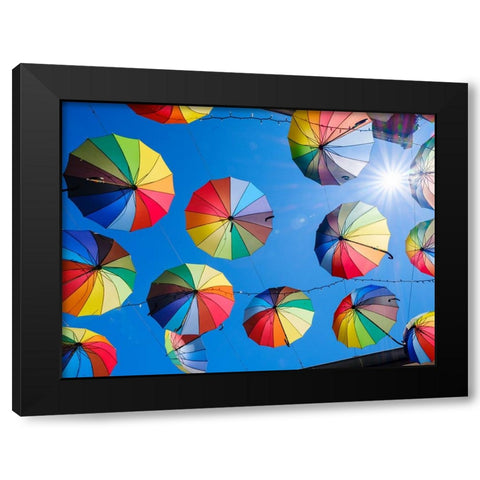 Alley of the Old Town with umbrellas. The town Szentendre near Budapest- Hungary Black Modern Wood Framed Art Print with Double Matting by Zwick, Martin