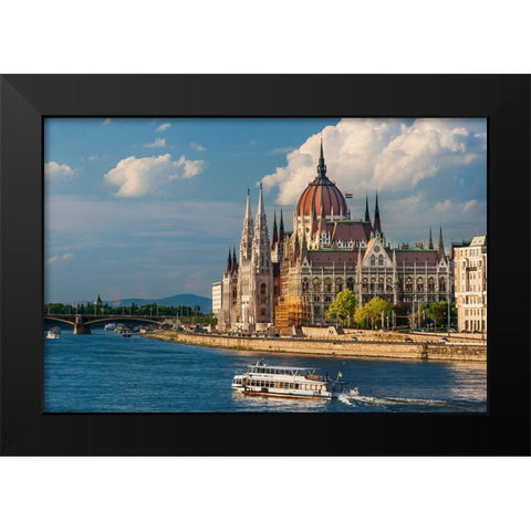 Tour boat passes Hungarys Parliament-built between 1884-1902 is the countrys largest building-It ha Black Modern Wood Framed Art Print by Haseltine, Tom
