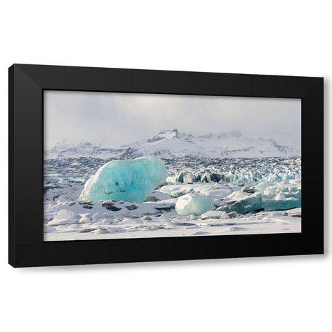 Northern shore of glacial lagoon Jokulsarlon with glacier Breidamerkurjokull Black Modern Wood Framed Art Print by Zwick, Martin