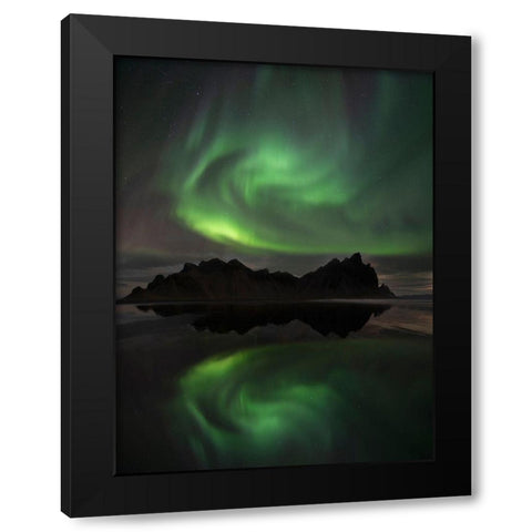 Northern Lights above Vestrahorn beach near Hofn in the southeast of Iceland Black Modern Wood Framed Art Print by Steve Mohlenkamp