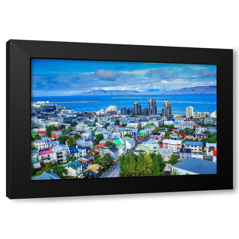 Colorful red green blue Houses Apartment Buildings Cars Bus Streets Ocean-Reykjavik-Iceland Black Modern Wood Framed Art Print with Double Matting by Perry, William