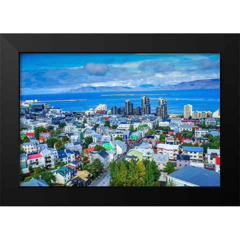 Colorful red green blue Houses Apartment Buildings Cars Bus Streets Ocean-Reykjavik-Iceland Black Modern Wood Framed Art Print by Perry, William