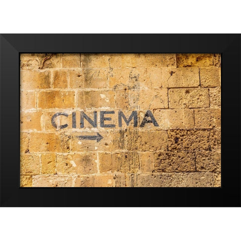 Italy-Basilicata-Province of Matera-Matera Sign on a wall pointing to a cinema-movie theater Black Modern Wood Framed Art Print by Wilson, Emily