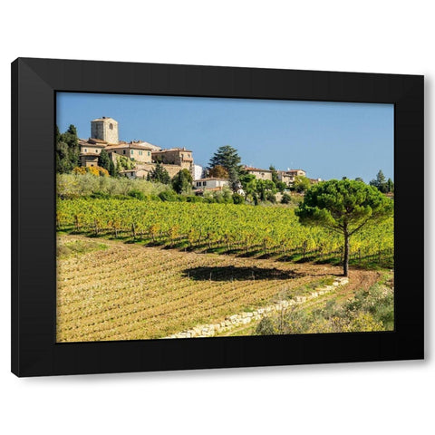 Italy-Chianti Tuscan homes in the town of Panzano with vineyard below Black Modern Wood Framed Art Print with Double Matting by Eggers, Julie
