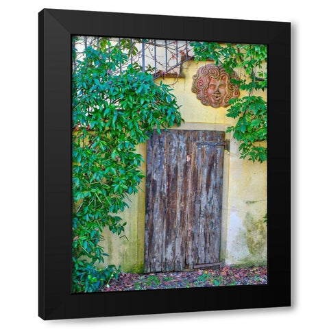 Italy-Chianti Old wooden door beneath a stairway with climbing vines and pottery art work Black Modern Wood Framed Art Print with Double Matting by Eggers, Julie