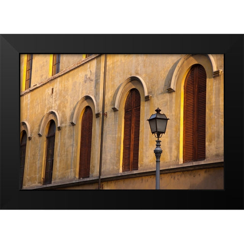 Italy-Tuscany-Lucca Street lamppost and arched windows with wooden shutters Black Modern Wood Framed Art Print by Eggers, Julie