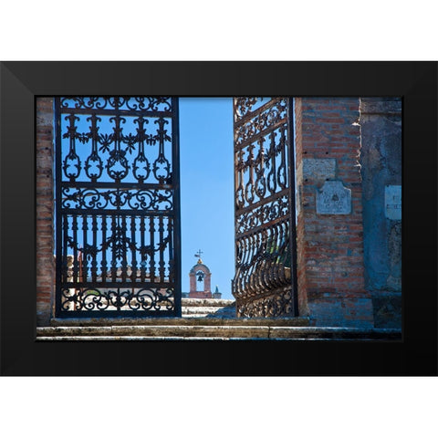 Italy-Tuscany-Montepulciano The wrought iron gate leading to cemetery near Church of San Biaggio Black Modern Wood Framed Art Print by Eggers, Julie