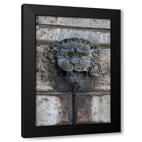 Italy-Tuscany-Montepulciano Carving of a lions head on a stone building Black Modern Wood Framed Art Print by Eggers, Julie