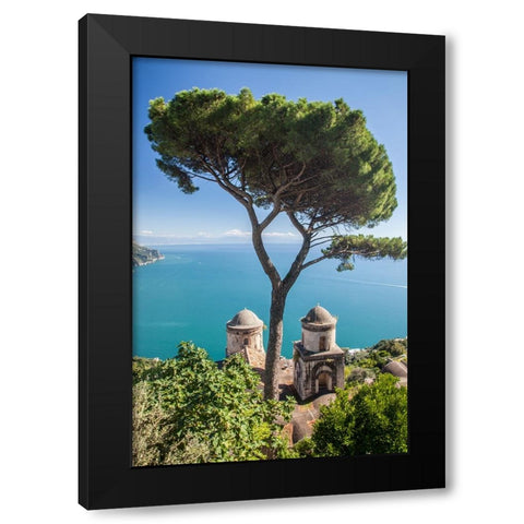 Italy-Campania-Ravello View of the Amalfi Coast and the towers of Villa Rufolo Black Modern Wood Framed Art Print by Eggers, Julie