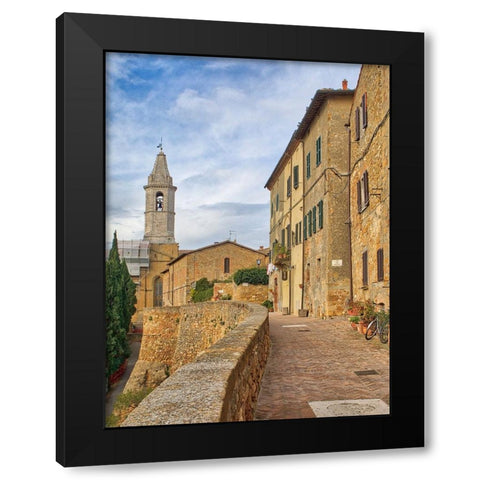 Italy-Tuscany-Pienza Walkway leading to the bell tower of the Pienza cathedral Black Modern Wood Framed Art Print by Eggers, Julie
