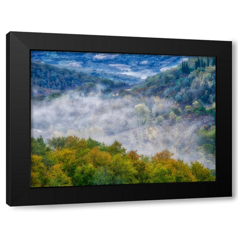 Italy-Tuscany Autumn morning with fog in the Tuscan valley Black Modern Wood Framed Art Print by Eggers, Julie
