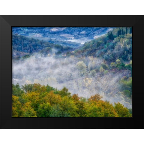 Italy-Tuscany Autumn morning with fog in the Tuscan valley Black Modern Wood Framed Art Print by Eggers, Julie