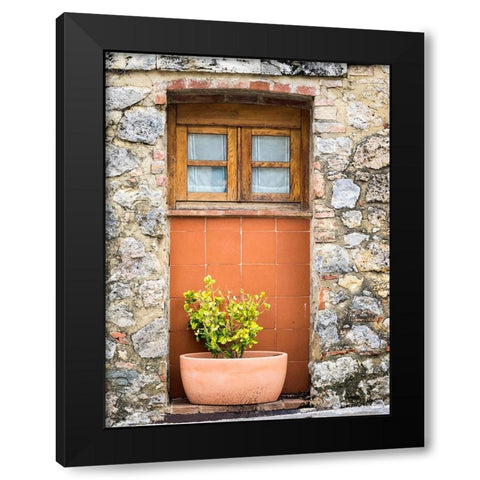 Italy-Chianti-Monteriggioni Wooden shutters on a window with planter below Black Modern Wood Framed Art Print with Double Matting by Eggers, Julie