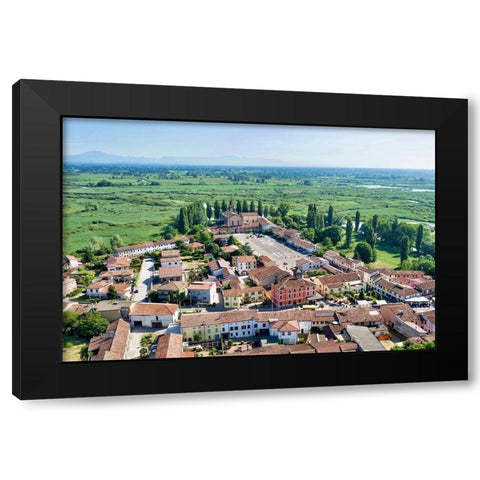 Italy-Mantova-Le Grazie village-Basilica and square-Mincio river valley in the background Black Modern Wood Framed Art Print with Double Matting by Molinari, Michele