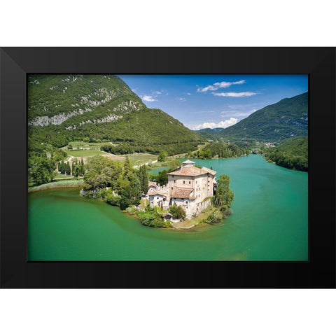 Italy-Trentino-castle and Toblino Lake Black Modern Wood Framed Art Print by Molinari, Michele