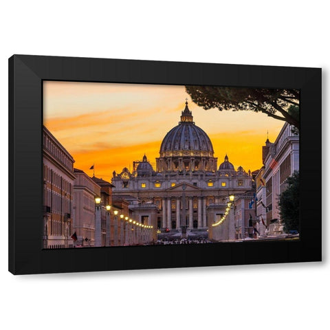 Orange sunset illuminated street lights-Via Della Conciliazione-Saint Peters Basilica-Vatican Black Modern Wood Framed Art Print with Double Matting by Perry, William