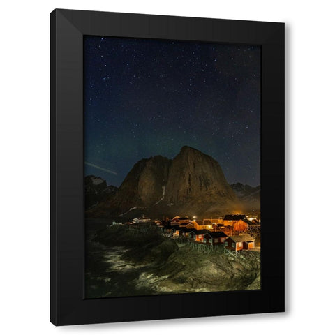 Norway- Lofoten Islands. Aurora Borealis In the sky above Hamnoy in Reine Black Modern Wood Framed Art Print by Looney, Hollice
