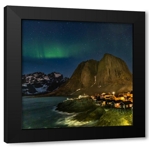 Norway- Lofoten Islands. Aurora Borealis In the sky above Hamnoy in Reine Black Modern Wood Framed Art Print by Looney, Hollice
