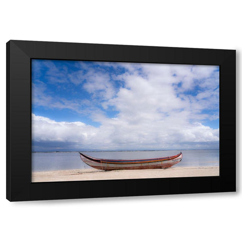 Europe-Portugal-Torreira-Traditional fishing boat on beach Black Modern Wood Framed Art Print by Jaynes Gallery