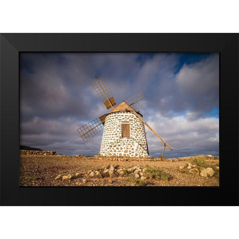 Canary Islands-Fuerteventura Island-La Oliva-traditional windmill Black Modern Wood Framed Art Print by Bibikow, Walter