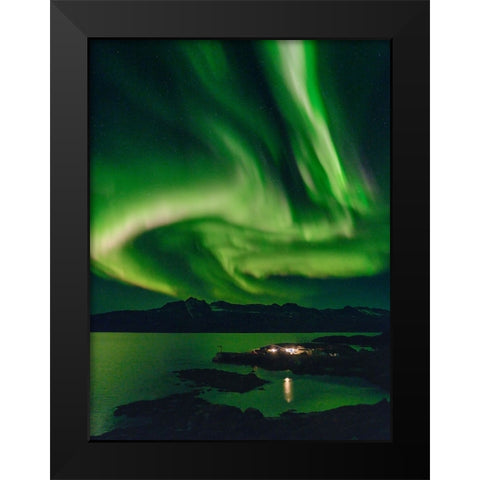 Northern Lights over settlement Kuummiit. Ammassalik area in East Greenland- Danish Territory Black Modern Wood Framed Art Print by Zwick, Martin