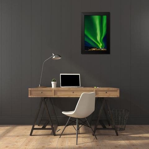 Northern Lights over settlement Kuummiit. Ammassalik area in East Greenland- Danish Territory Black Modern Wood Framed Art Print by Zwick, Martin