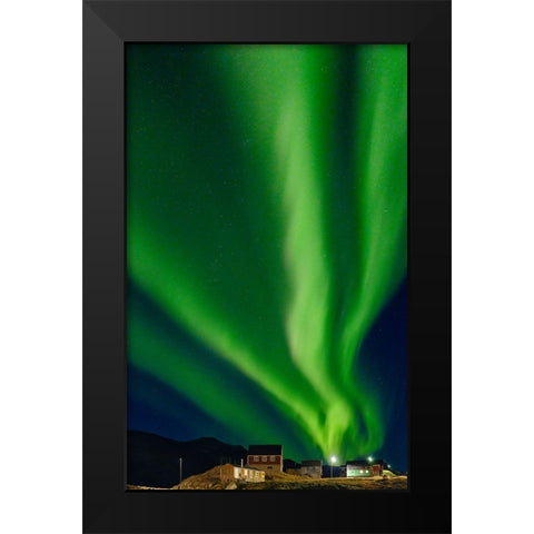 Northern Lights over settlement Kuummiit. Ammassalik area in East Greenland- Danish Territory Black Modern Wood Framed Art Print by Zwick, Martin