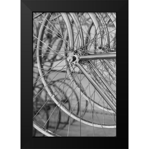 Metal bicycle wheels Black Modern Wood Framed Art Print by Hopkins, Cindy Miller