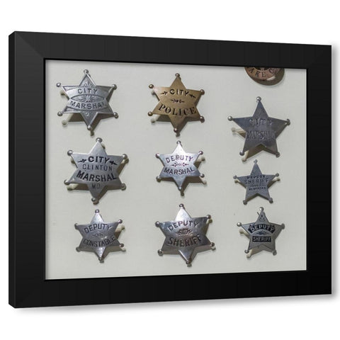Arizona-Scottsdale Close-up of law enforcement badges from wild west Black Modern Wood Framed Art Print by Jaynes Gallery