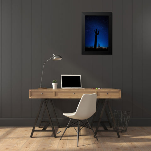 A giant saguaro cactus silhouettes in the clear Arizona evening Black Modern Wood Framed Art Print by SMO
