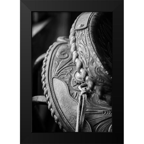 USA-Colorado-Custer County-Westcliffe-Music Meadows Ranch Tack room Tooled leather western saddle Black Modern Wood Framed Art Print by Hopkins, Cindy Miller