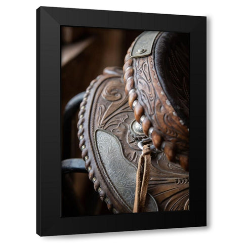 USA-Colorado-Custer County-Westcliffe-Music Meadows Ranch Tack room Tooled leather western saddle Black Modern Wood Framed Art Print with Double Matting by Hopkins, Cindy Miller