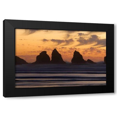 OR, Bandon Sunset silhouette of the sea stacks Black Modern Wood Framed Art Print with Double Matting by Kaveney, Wendy