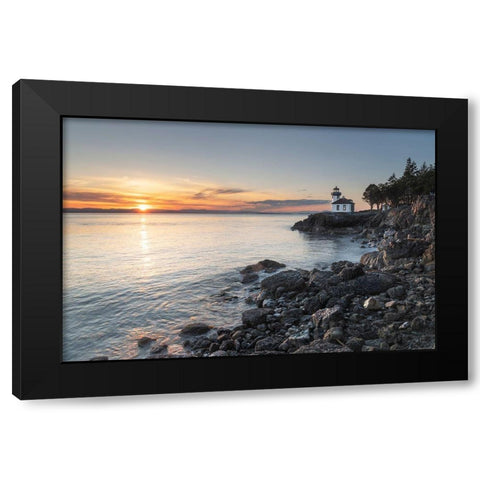 Lime Kiln Lighthouse at sunset-Lime Kiln Point State Park-San Juan Island-Washington State Black Modern Wood Framed Art Print by Majchrowicz, Alan