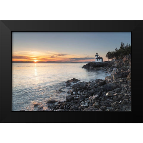Lime Kiln Lighthouse at sunset-Lime Kiln Point State Park-San Juan Island-Washington State Black Modern Wood Framed Art Print by Majchrowicz, Alan