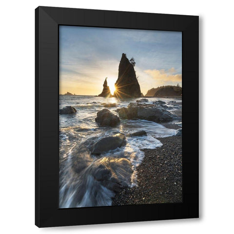 Setting sun behind Split Rock on Rialto Beach-Olympic National Park Black Modern Wood Framed Art Print with Double Matting by Majchrowicz, Alan