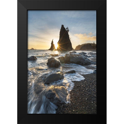 Setting sun behind Split Rock on Rialto Beach-Olympic National Park Black Modern Wood Framed Art Print by Majchrowicz, Alan