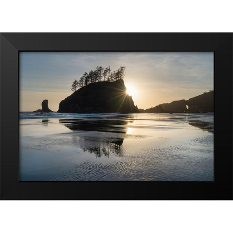 Sunset at Second Beach during low tide-Olympic National Park-Washington State Black Modern Wood Framed Art Print by Majchrowicz, Alan