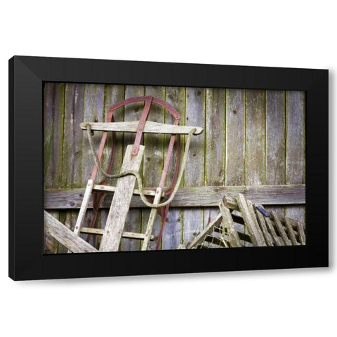 USA, Washington, Belfair Old sled in storage Black Modern Wood Framed Art Print with Double Matting by Paulson, Don