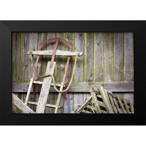 USA, Washington, Belfair Old sled in storage Black Modern Wood Framed Art Print by Paulson, Don